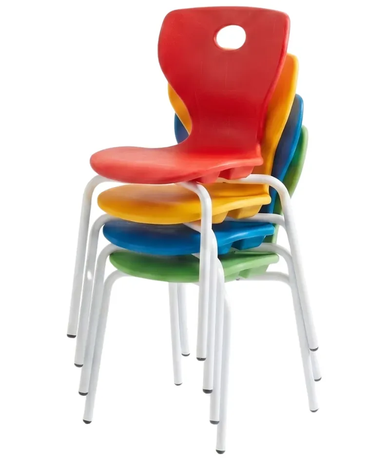 Five stackable school chairs stacked in red, blue, yellow and green