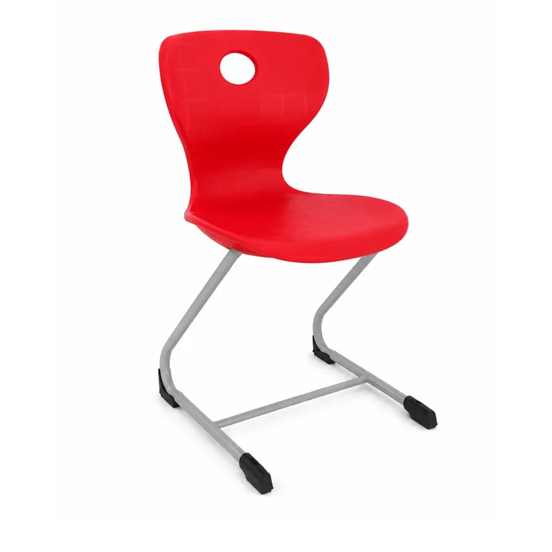 Red Z-frame school chair with plastic seat and metal frame