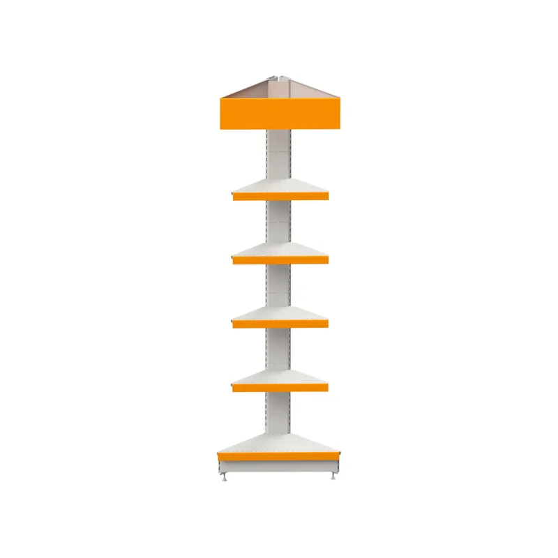 External corner shelving module with five orange edged shelves