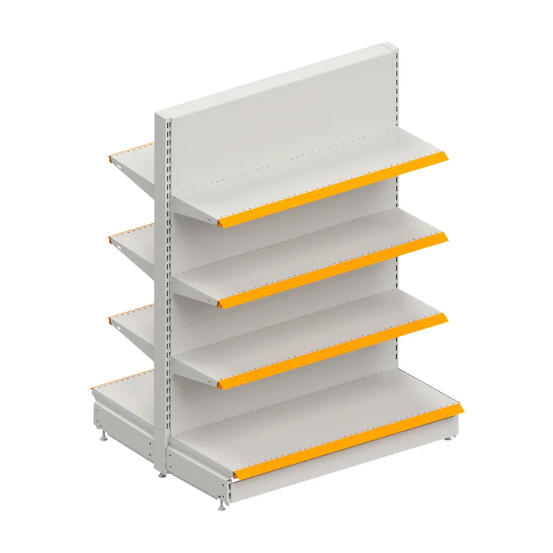 Double sided gondola shelving unit with four shelf levels each side and orange shelf edge strips