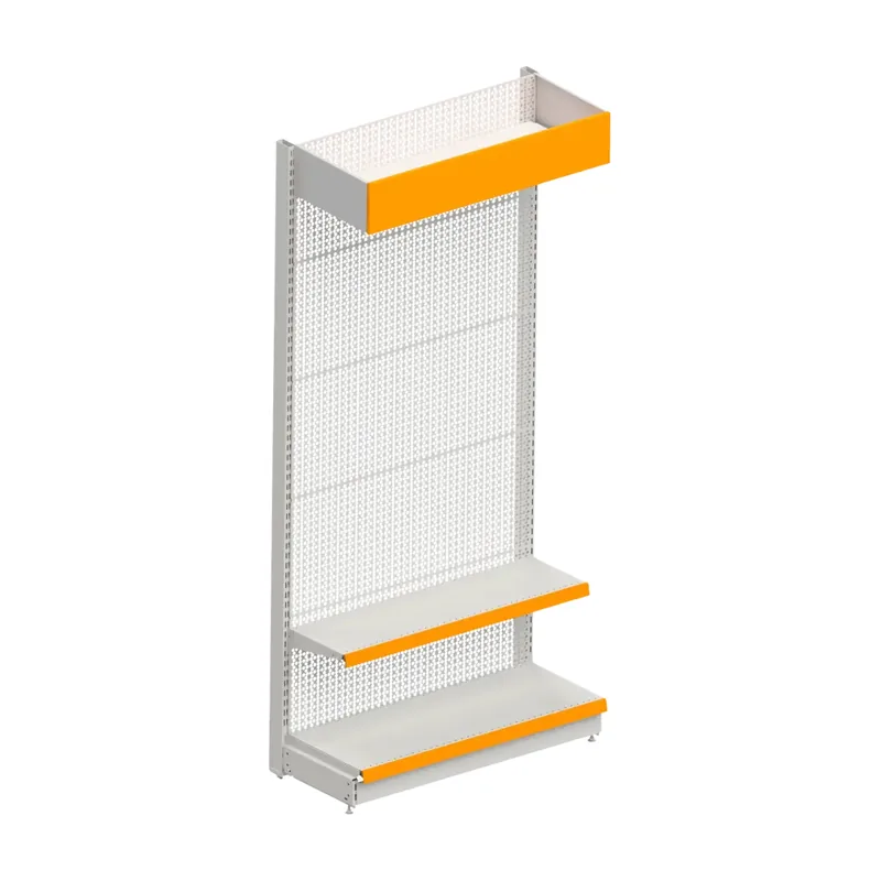 Perforated wall panel bay with hooks and two orange edged shelves
