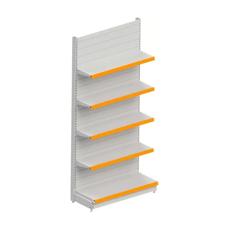 Single sided wall shelving unit with a canopy top and five orange edged shelves