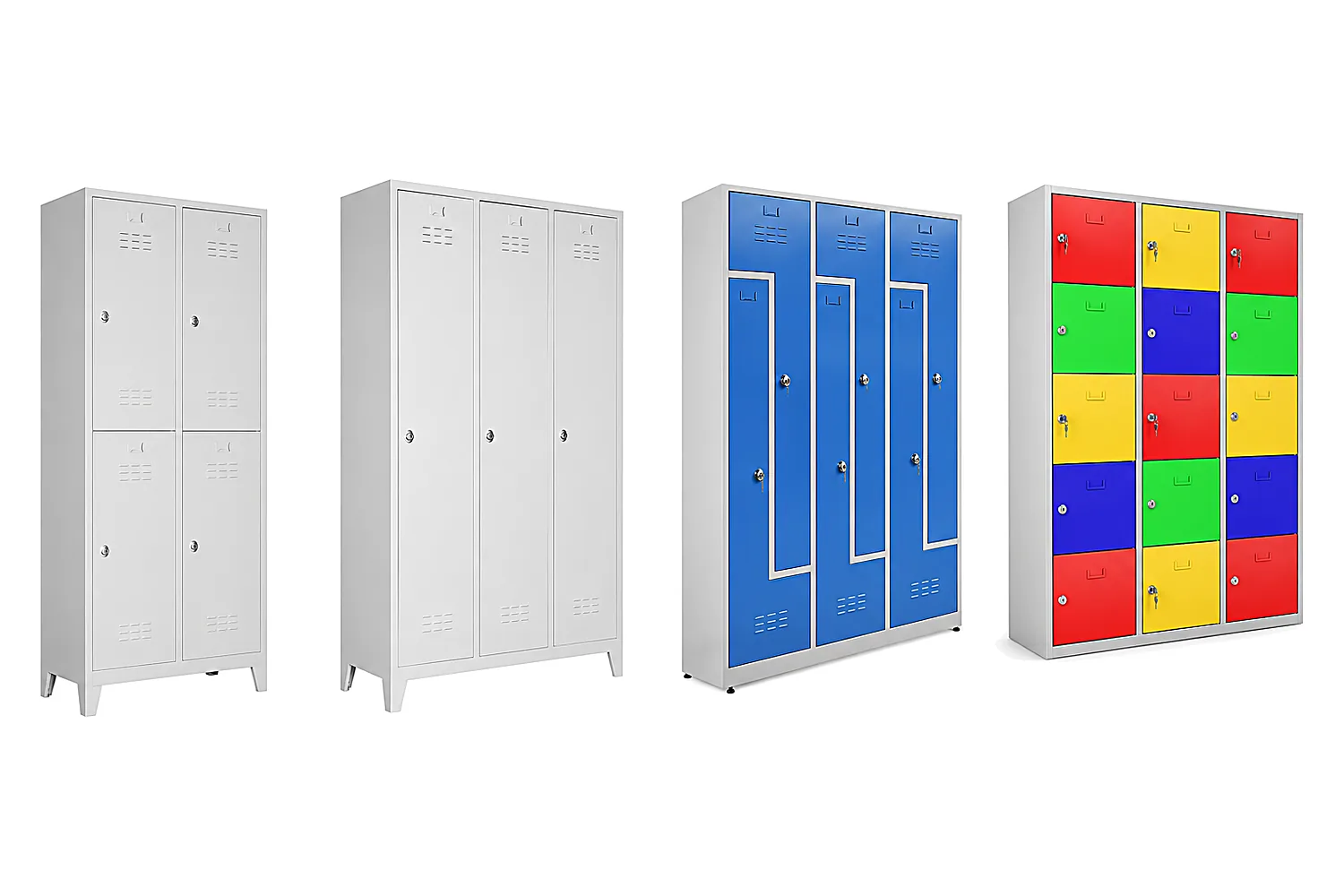 Range of steel lockers side by side, gray multi-door, blue Z-type, and multicolor compartment lockers