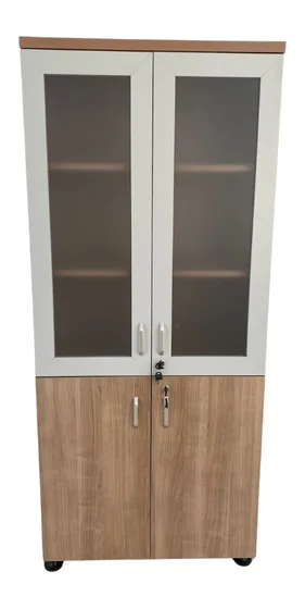 Display cabinet with glazed upper doors in white frames over solid walnut lower doors