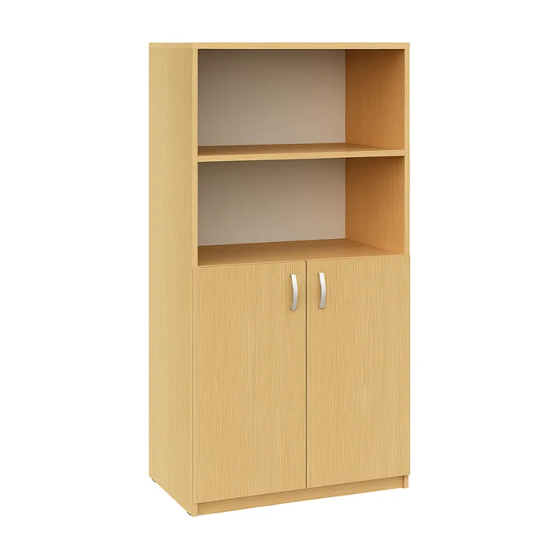 Wooden cabinet in beech with open shelves above and two lockable doors below