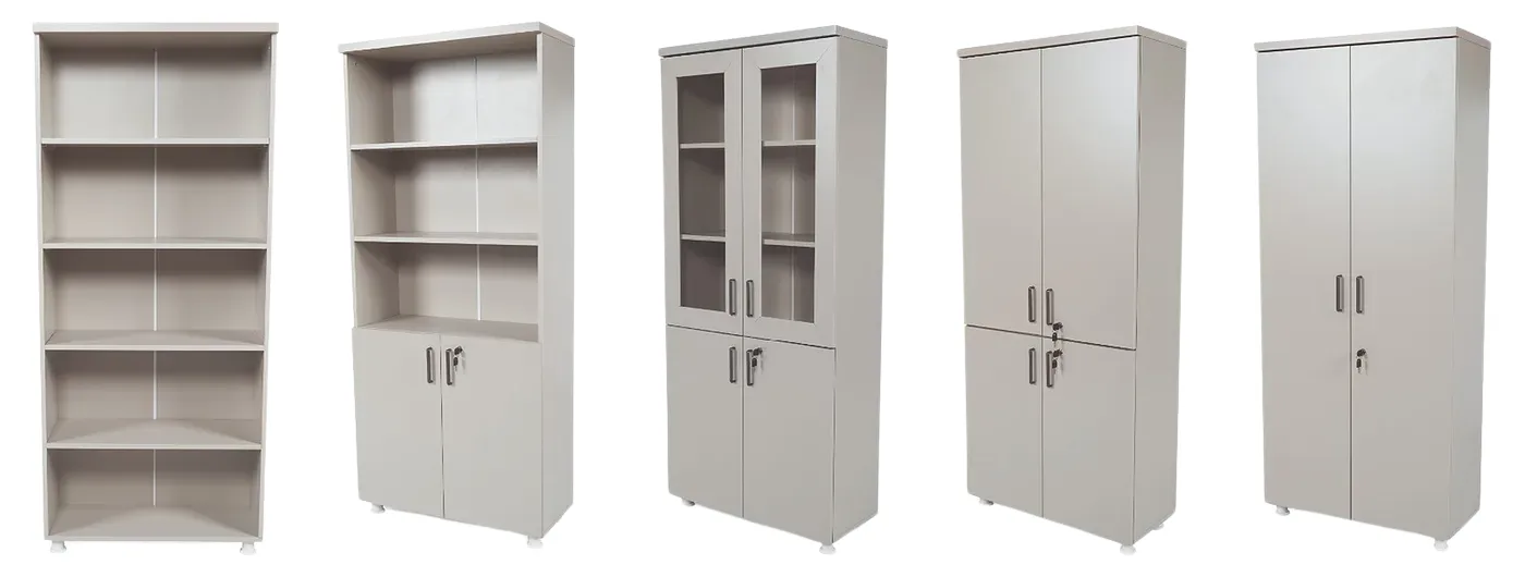Five wooden cabinets in oak, white, and walnut finishes, side by side
