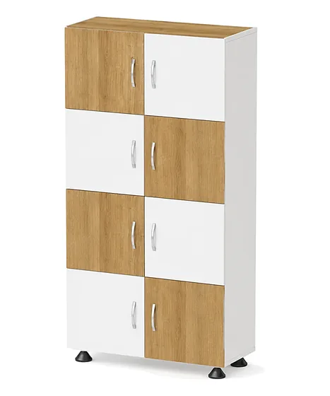 Wooden eight-compartment locker with alternating oak and white doors and handles