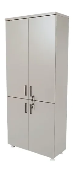Wooden office file cabinet with an upper and a lower lockable door section