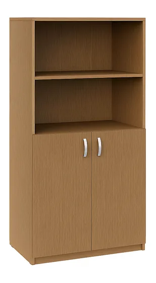 Walnut cabinet with two open shelves above and two lockable doors below