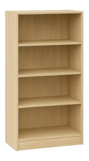 Wooden open shelf cabinet in pale maple with four shelf levels and no doors