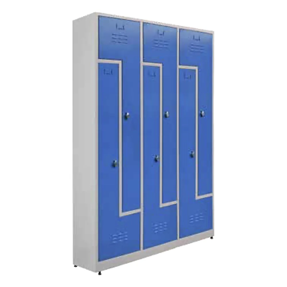 6-door Z-type steel locker with blue doors and interlocking L-shaped compartments