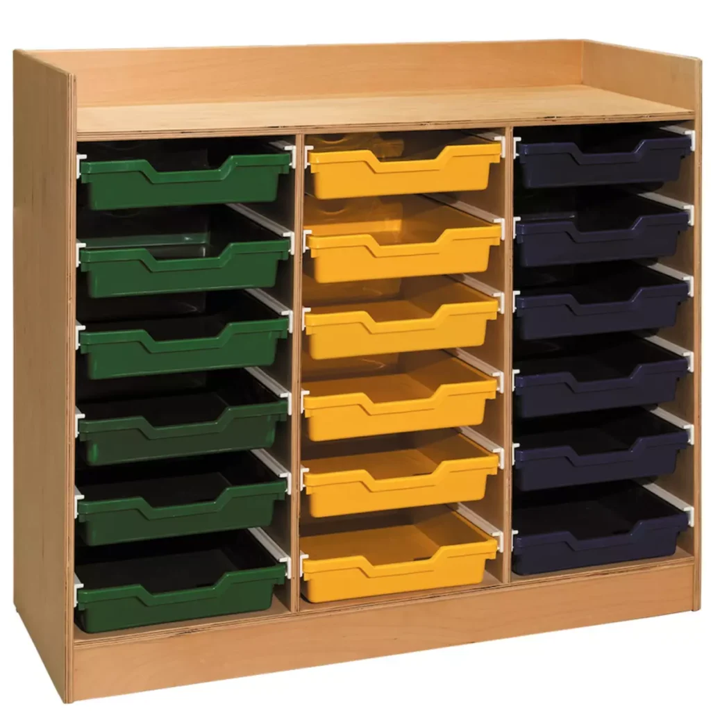Wooden kindergarten storage unit with multiple colorful plastic trays for organizing classroom supplies.