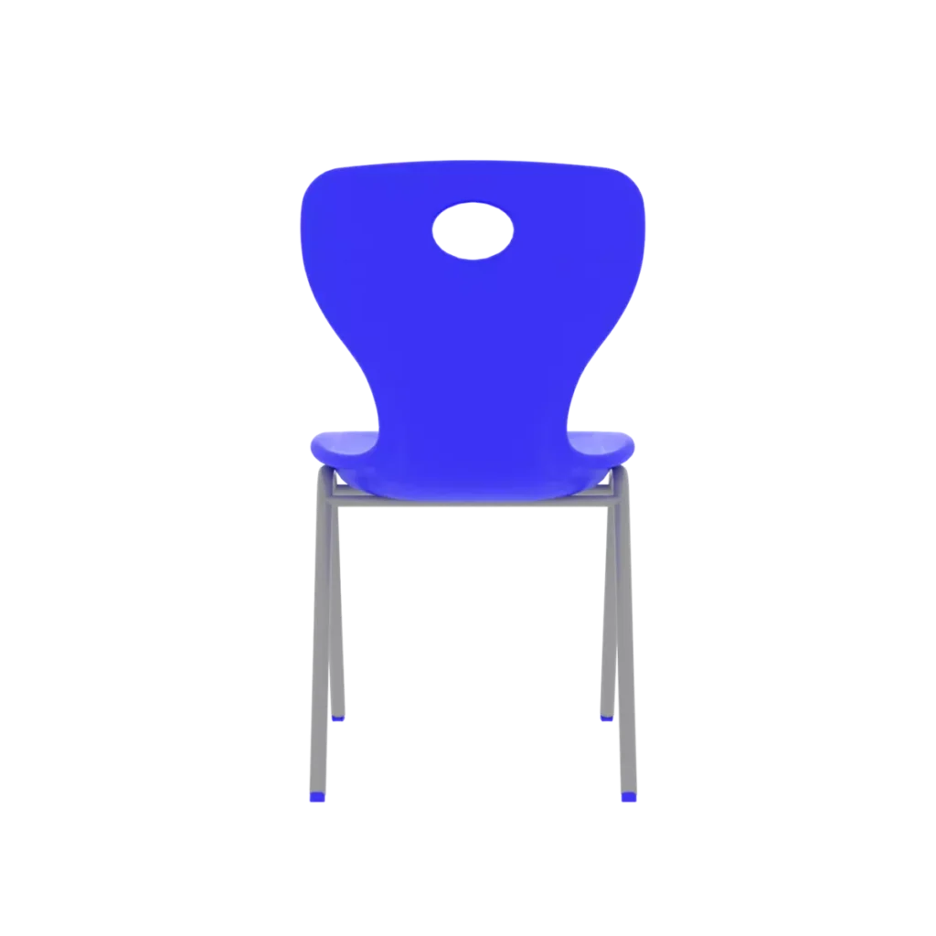 Back view of a blue plastic student chair with a sturdy metal frame