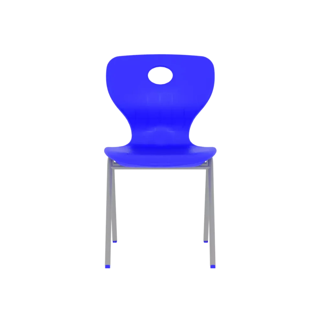 Front view of a blue plastic student chair with a strong metal frame