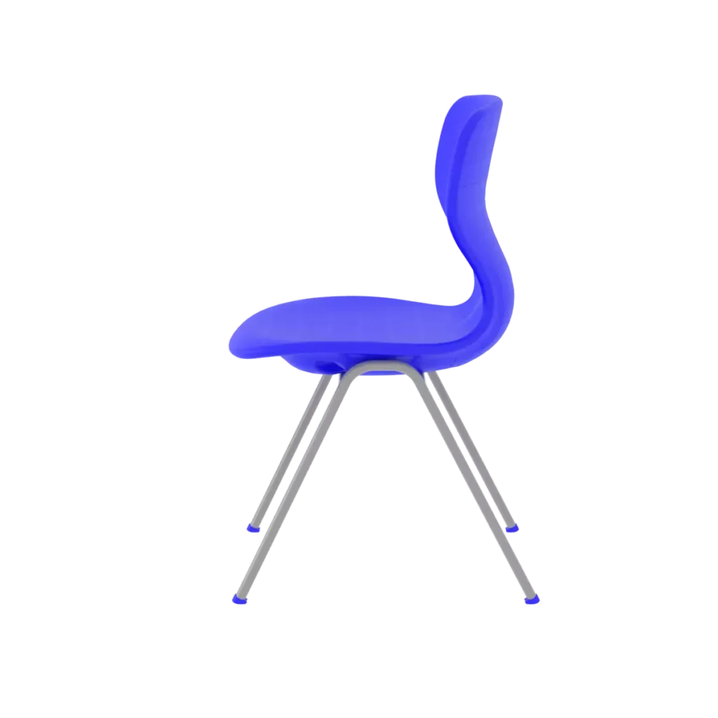 Side view of a blue plastic student chair with ergonomic design and metal legs