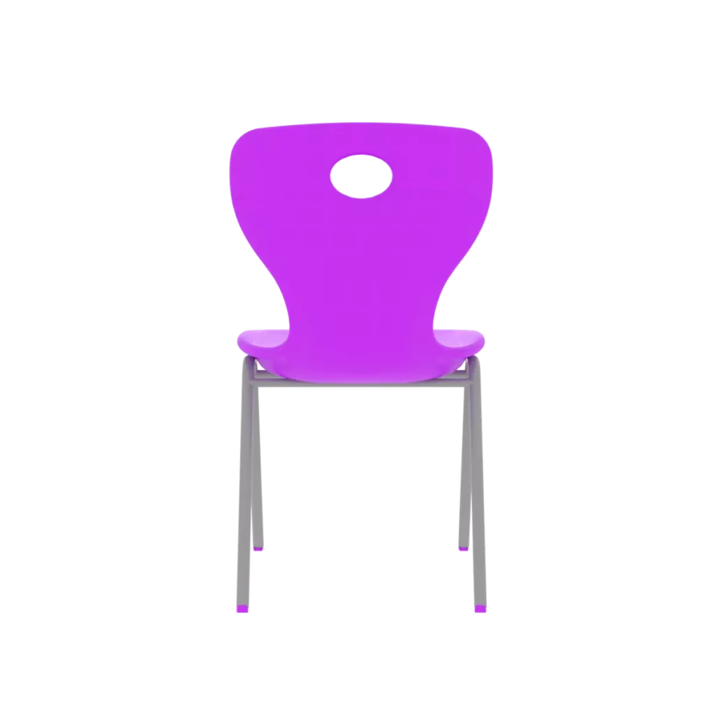 Back view of the fuchsia student chair featuring a ventilation hole and sturdy metal legs.