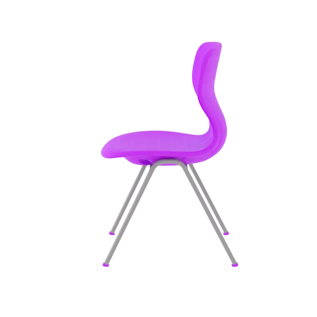 Side view of the fuchsia student chair with a contoured plastic seat and sturdy metal legs.