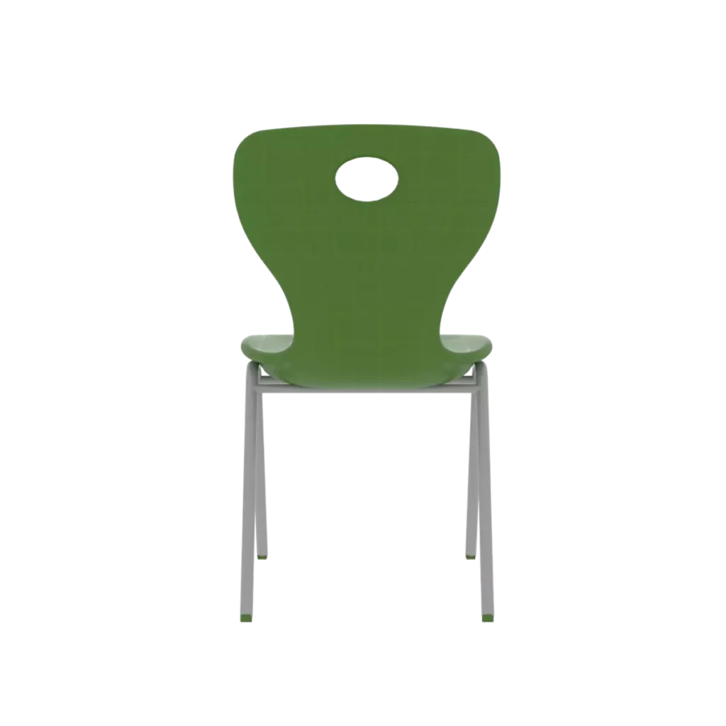 Back view of a green plastic student chair with ventilation hole and sturdy metal legs
