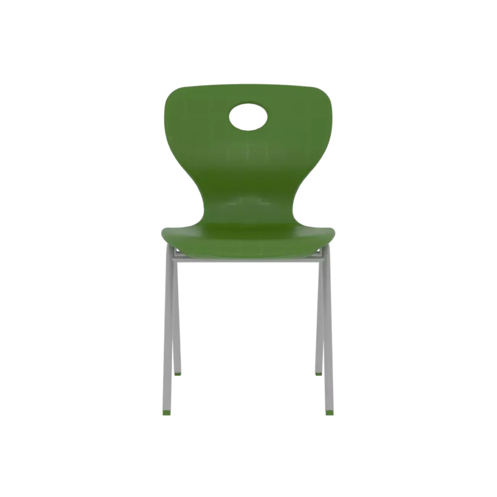 Front view of a green plastic student chair with an ergonomic design and sturdy metal legs