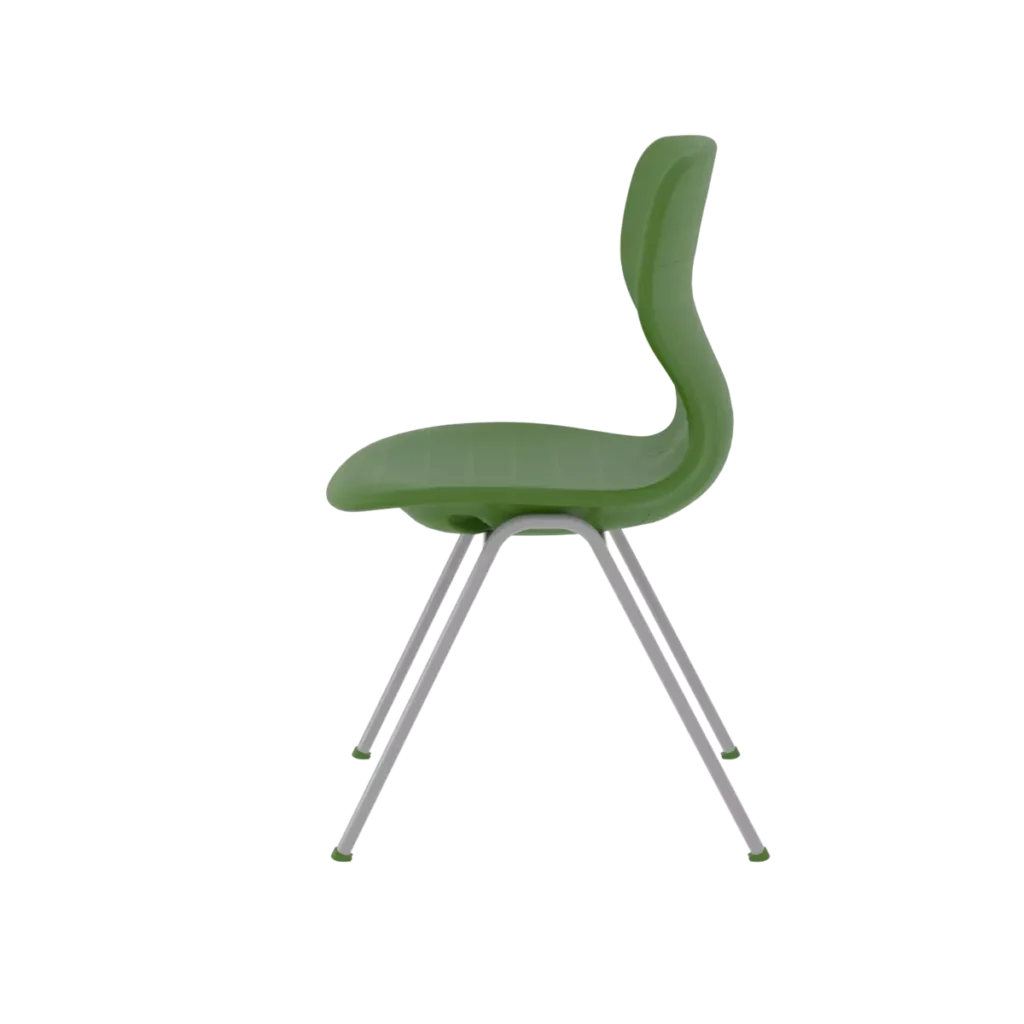 Side view of a green plastic student chair with an ergonomic backrest and sturdy metal legs