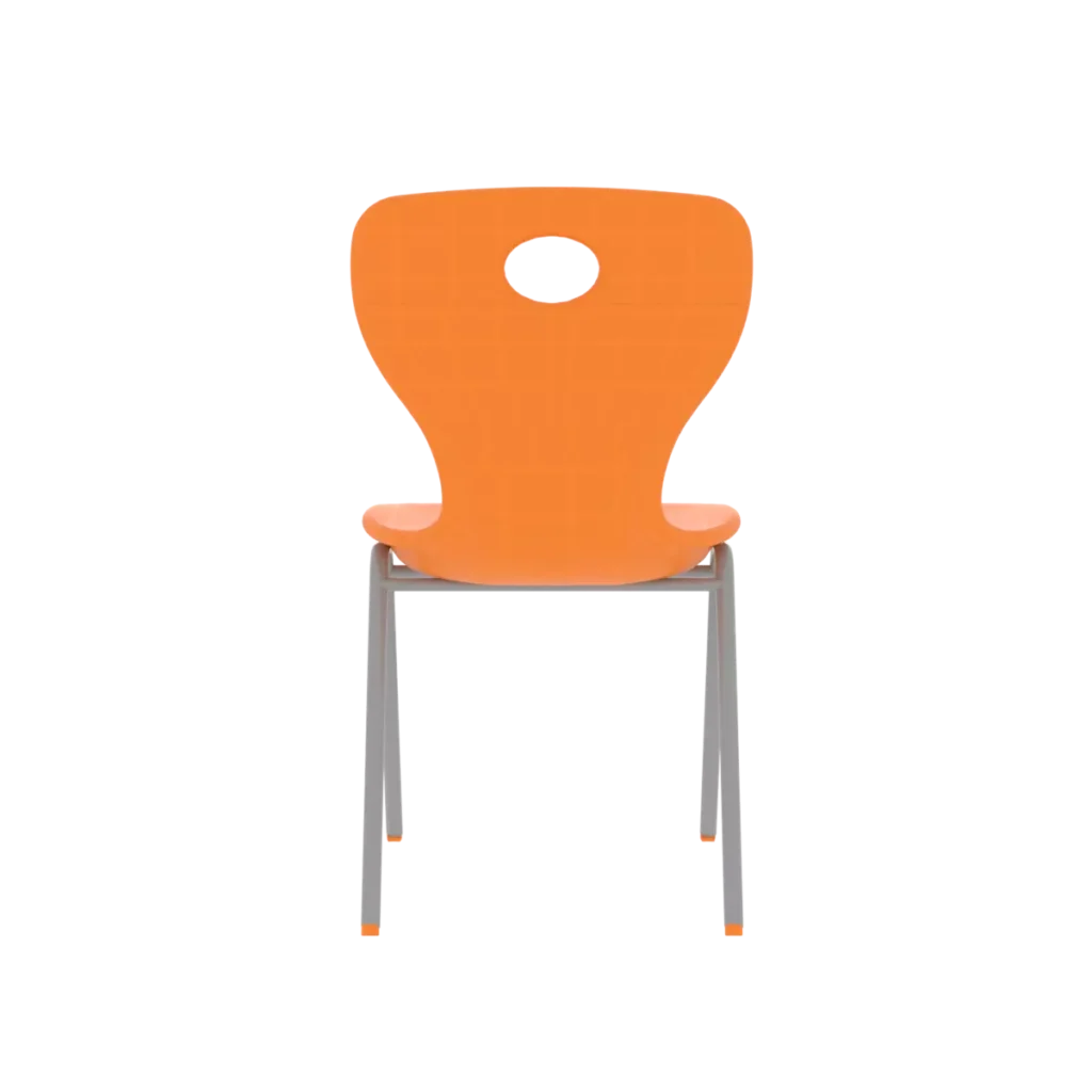 Back view of an orange plastic student chair with a ventilation hole and sturdy metal frame