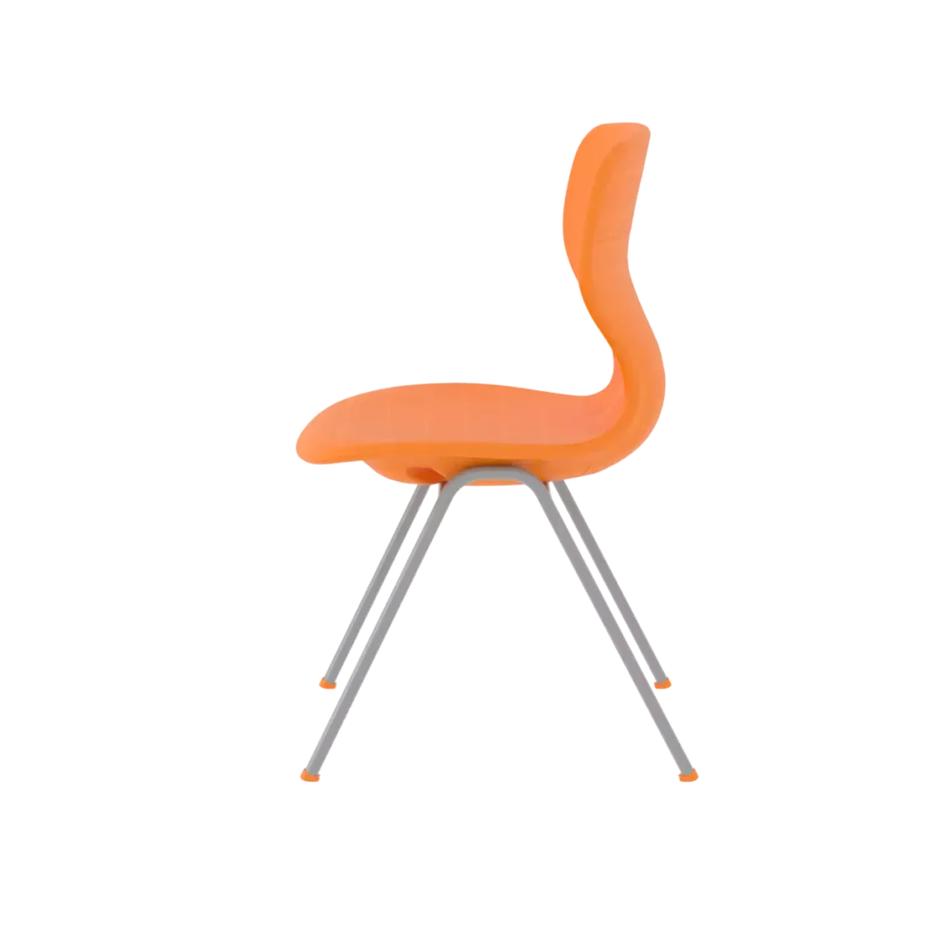 Side view of an orange plastic student chair with an ergonomic backrest and sturdy metal frame