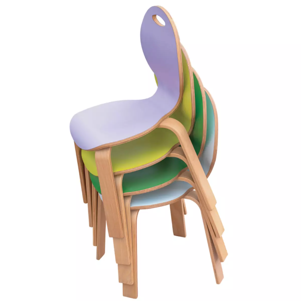 Stackable wooden kindergarten chairs in pastel and green shades, designed for comfort and durability.