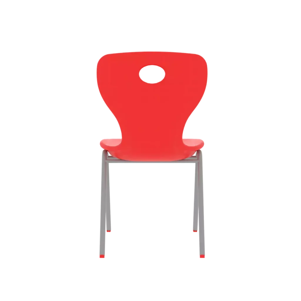 Back view of a modern plastic student chair with red seat and durable metal frame