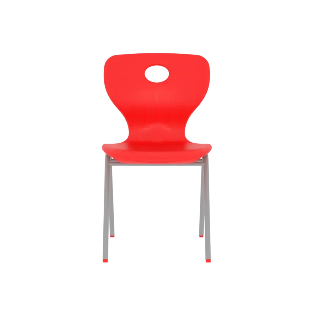 Front view of a modern plastic student chair with red seat and ergonomic design