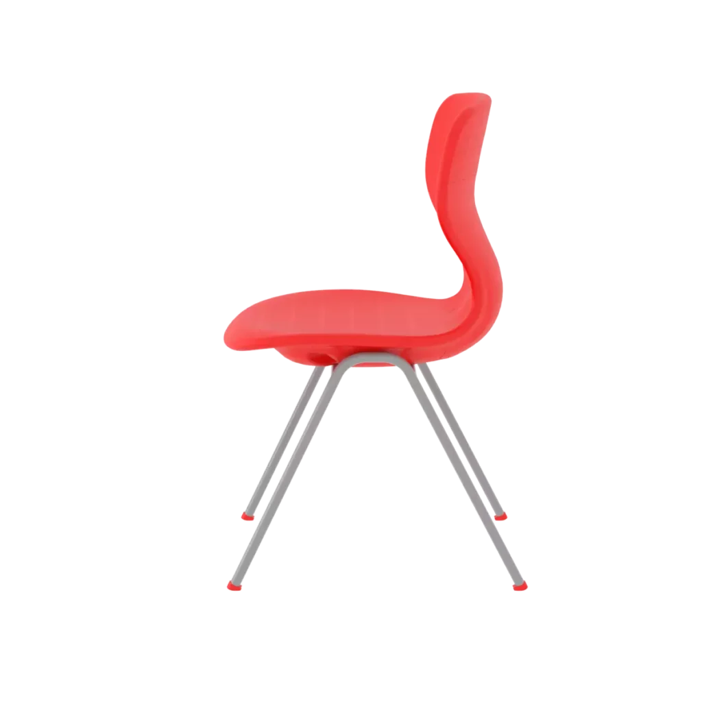 Side view of a plastic student chair with red seat and sturdy metal legs