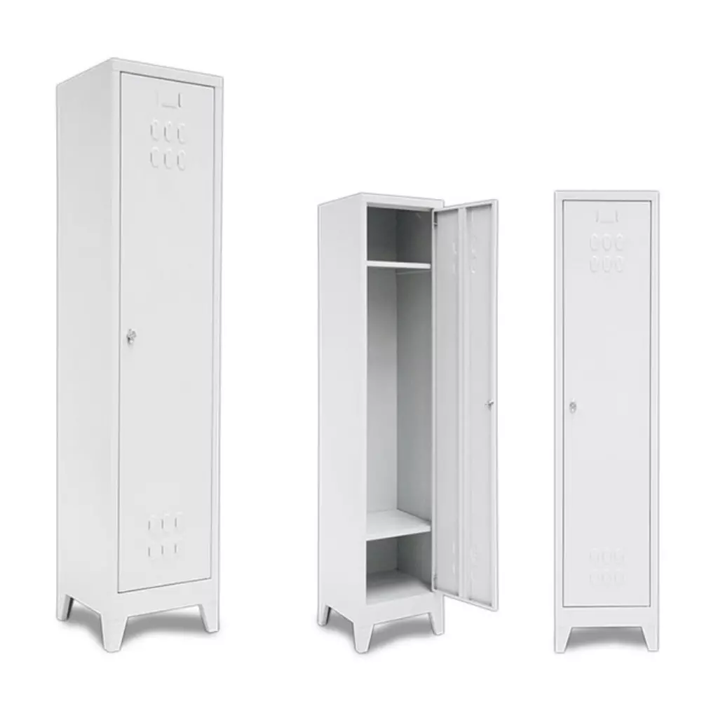 White single door steel locker displayed in three different views – closed, open, and side view, showcasing its sturdy steel construction and internal storage compartments.
