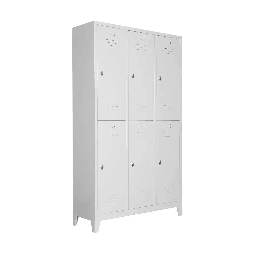 Six-tier steel locker with individual lockable compartments, ideal for secure and organized storage in schools, offices, and gyms.