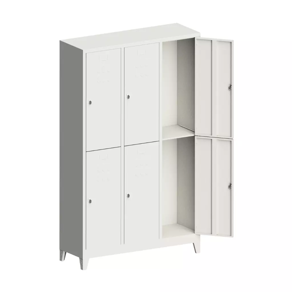 Three-door steel locker with multiple compartments for secure and organized storage in offices, schools, and industrial spaces.