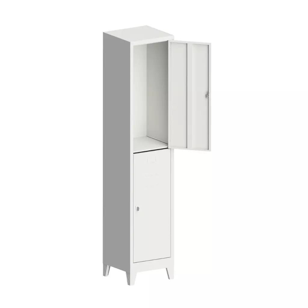 Two tier steel locker with a sturdy metal frame and secure lockable doors, ideal for office, school, and gym storage.