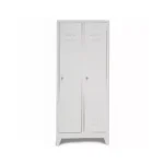 Front view of a two door steel locker with vented panels and individual locks, ideal for personal storage in various facilities.