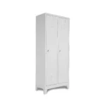 Angled side view of a two door steel locker showing its sleek structure and sturdy build, perfect for organized storage.