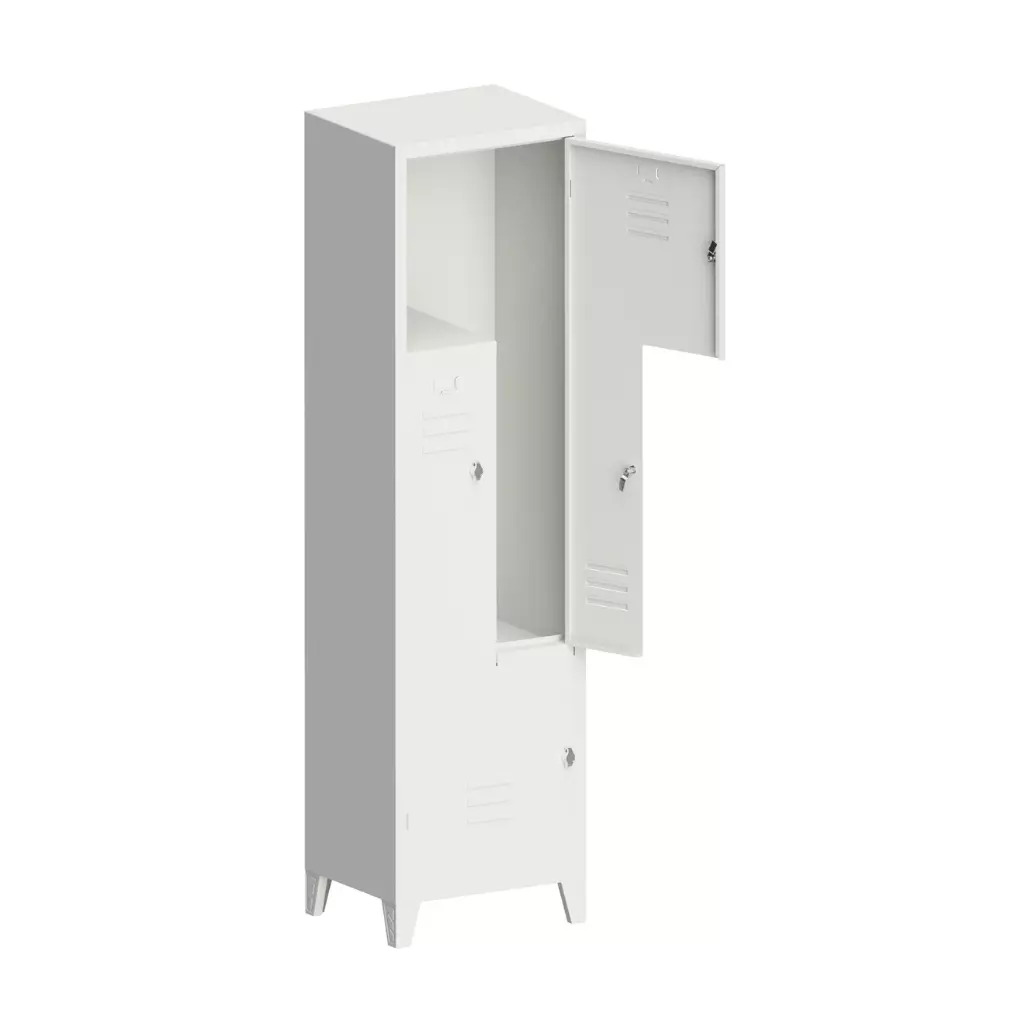 Two-door Z-type steel locker with a unique compartment design, ideal for compact and secure storage in offices, schools, and gyms.