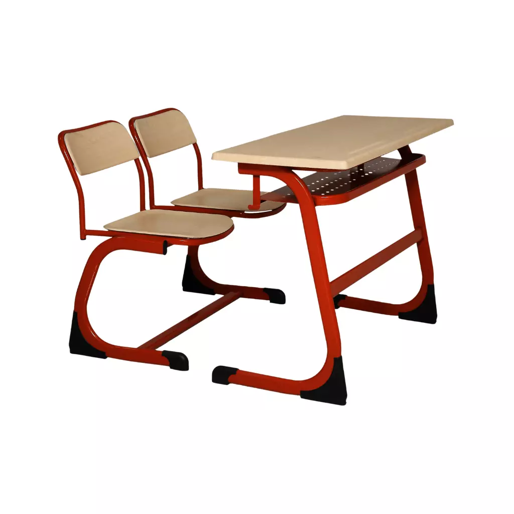Durable Double Student Desk with Werzalite Top and Red Metal Frame for Classrooms