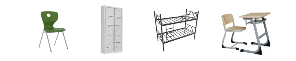 School furniture: chair, steel locker, bunk bed and student desk set