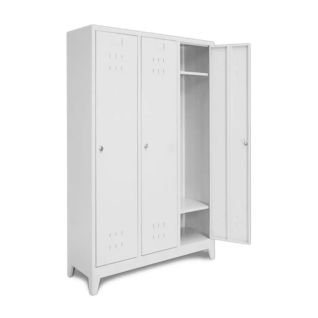 Three-door metal locker with open right door showing interior shelves