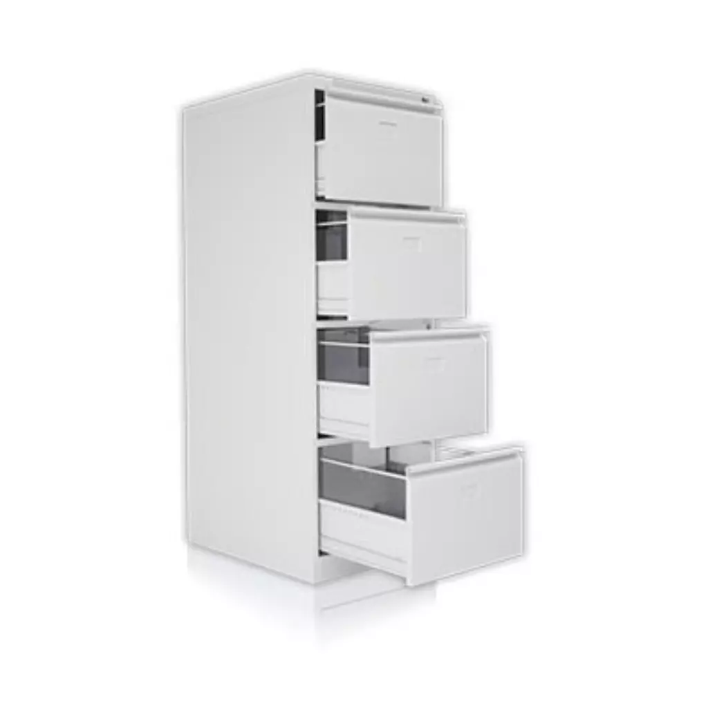Angled view of white four-drawer filing cabinet with open drawers