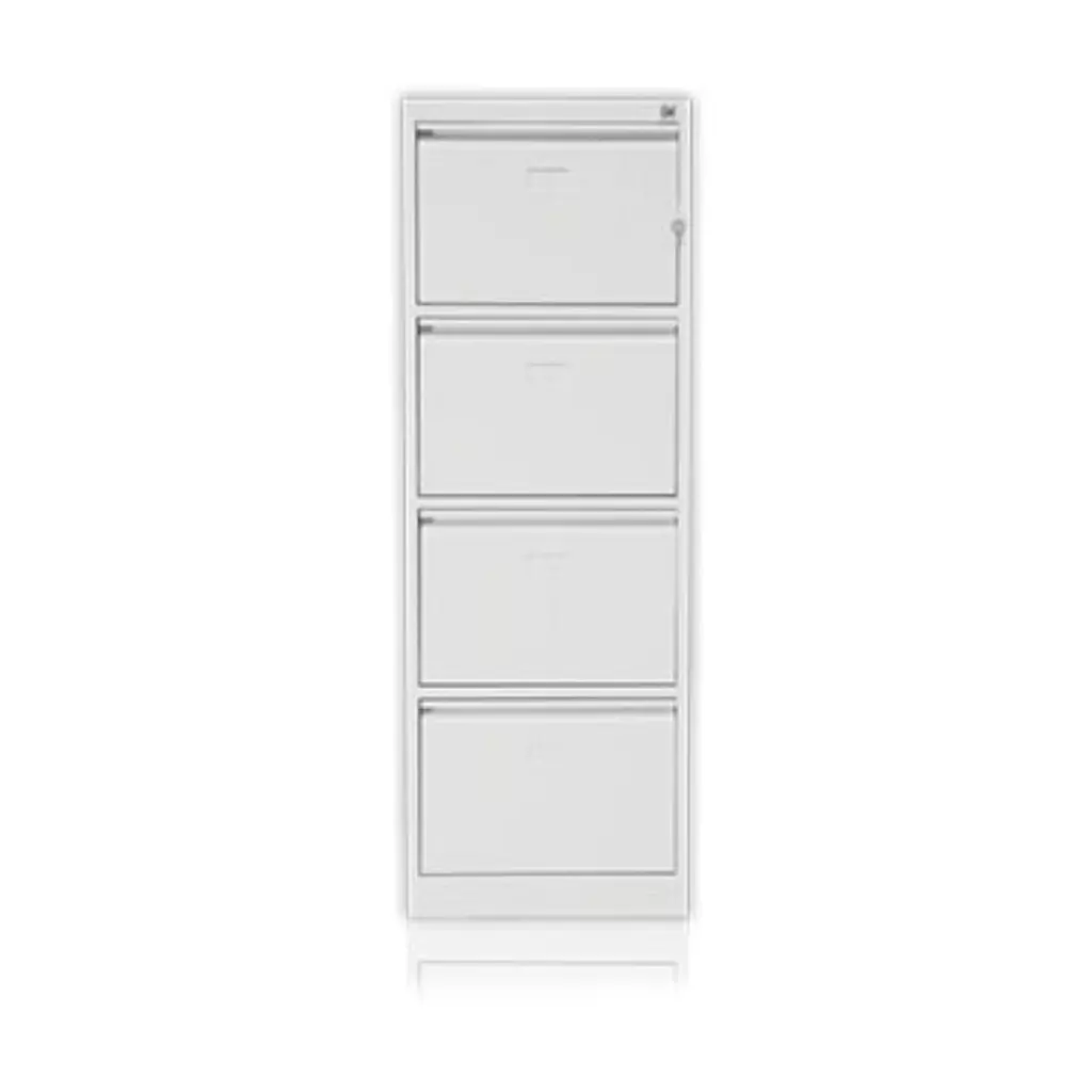 Front view of white four-drawer filing cabinet