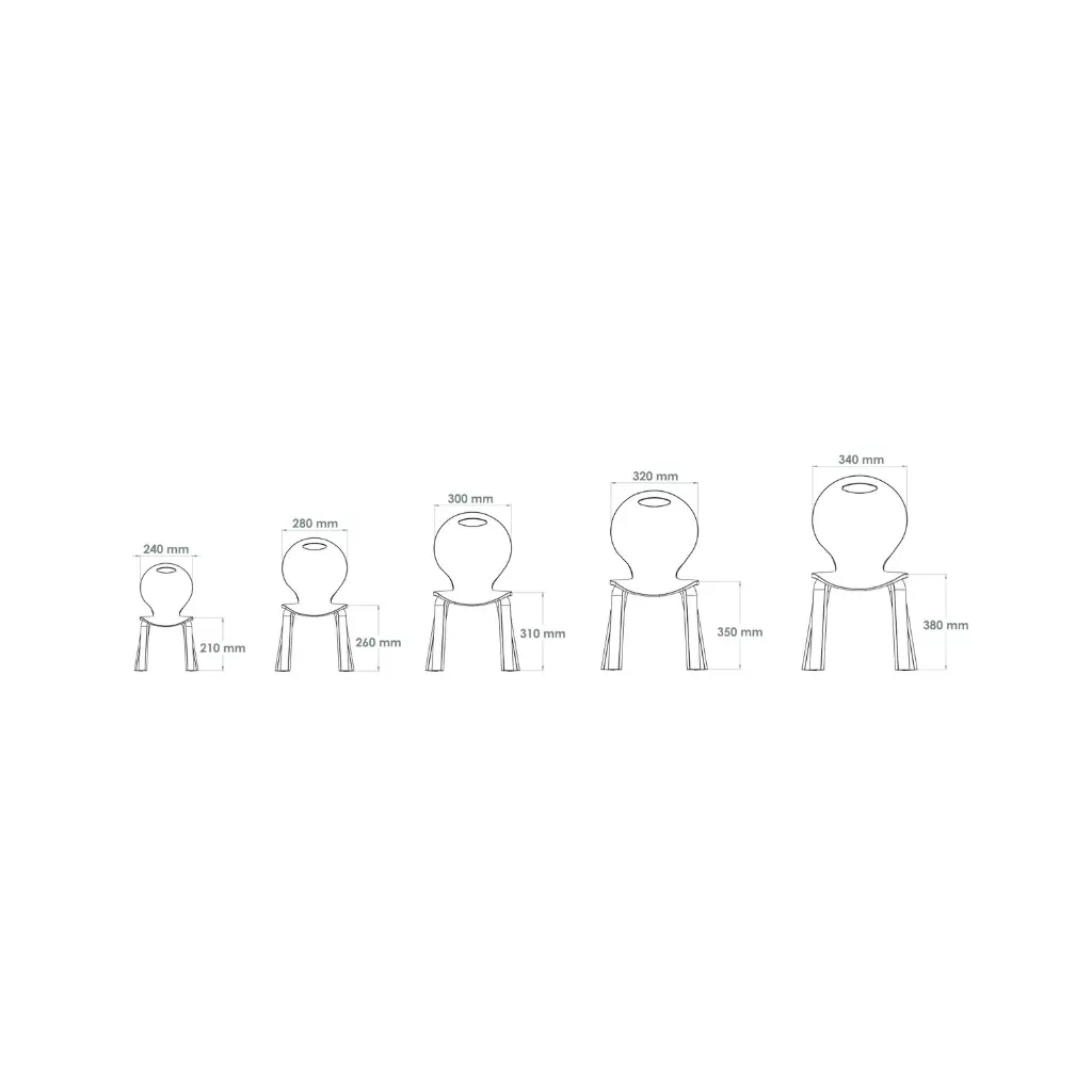 Technical drawing illustrating various dimensions and sizes of children's chairs.
