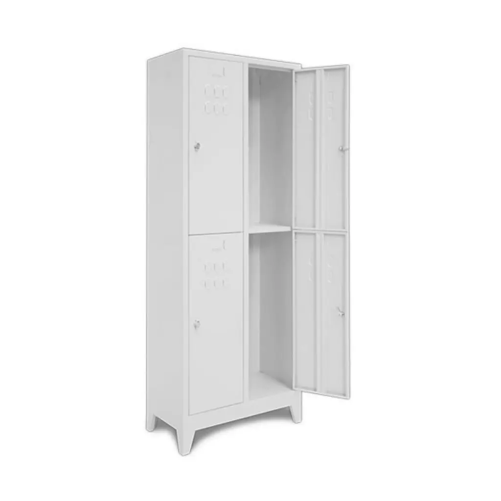 Metal locker with four doors, some doors open revealing interior space and shelves.