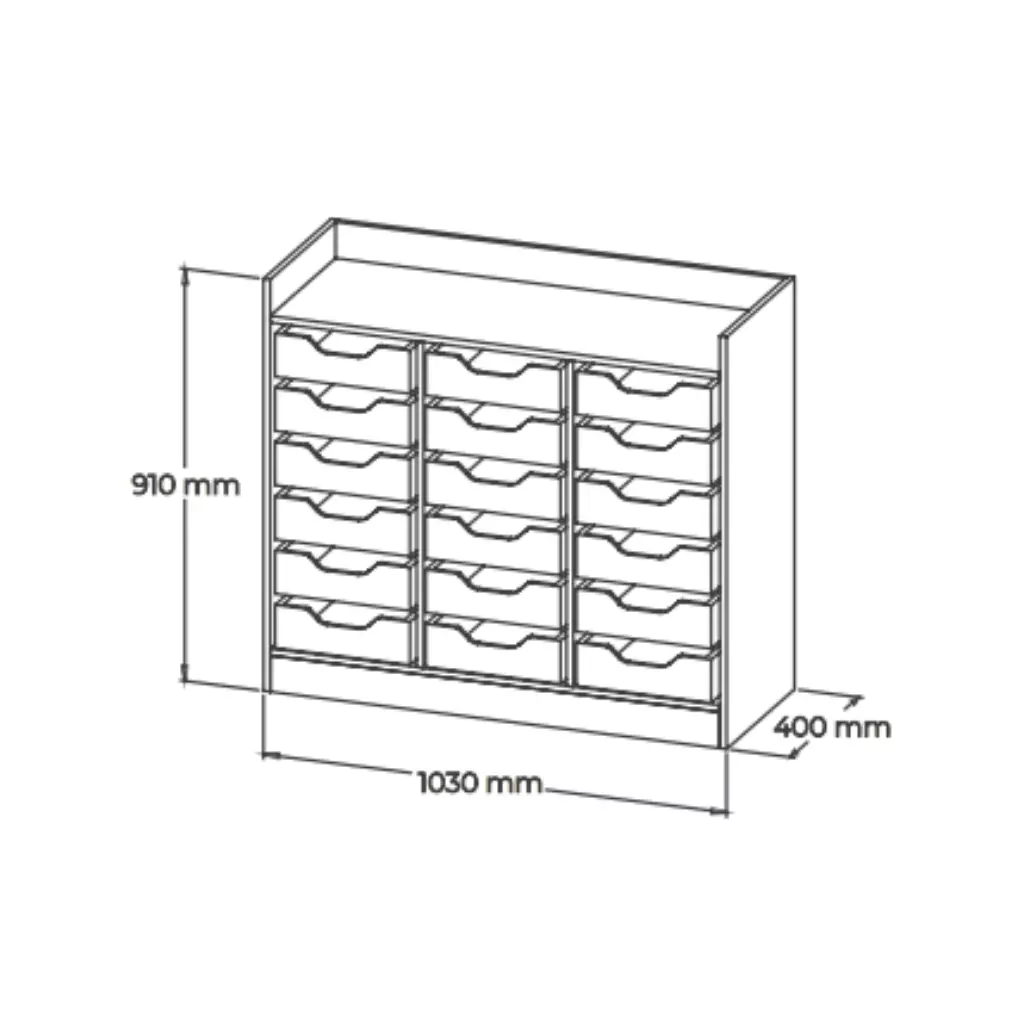 Technical drawing showing precise dimensions of a multi-tray children's storage cabinet.