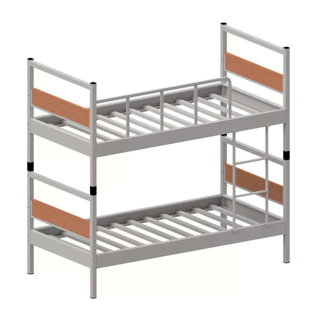 A simple designed metal bunk bed with wooden details and a ladder.