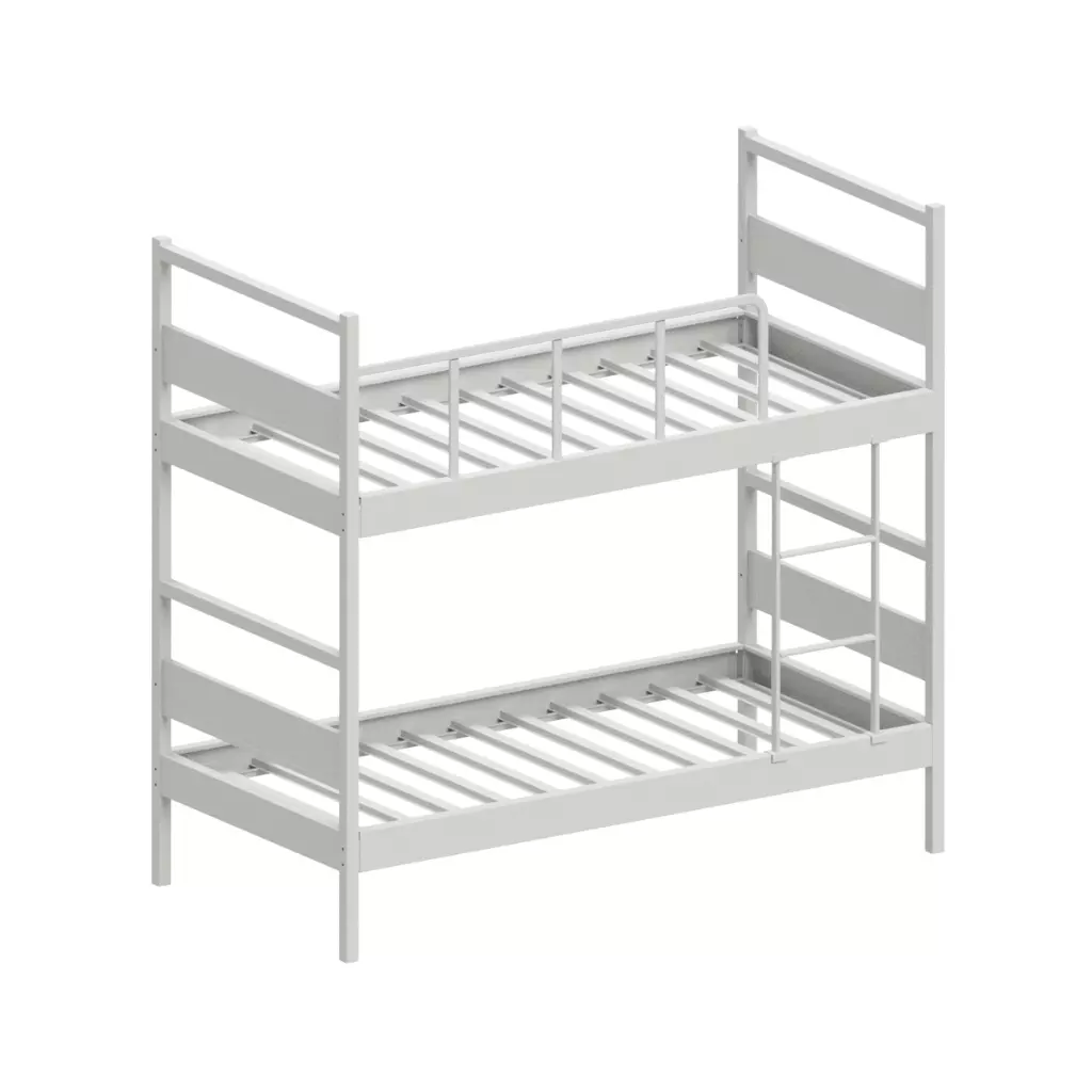 A two-tier bunk bed made of metal with a ladder.