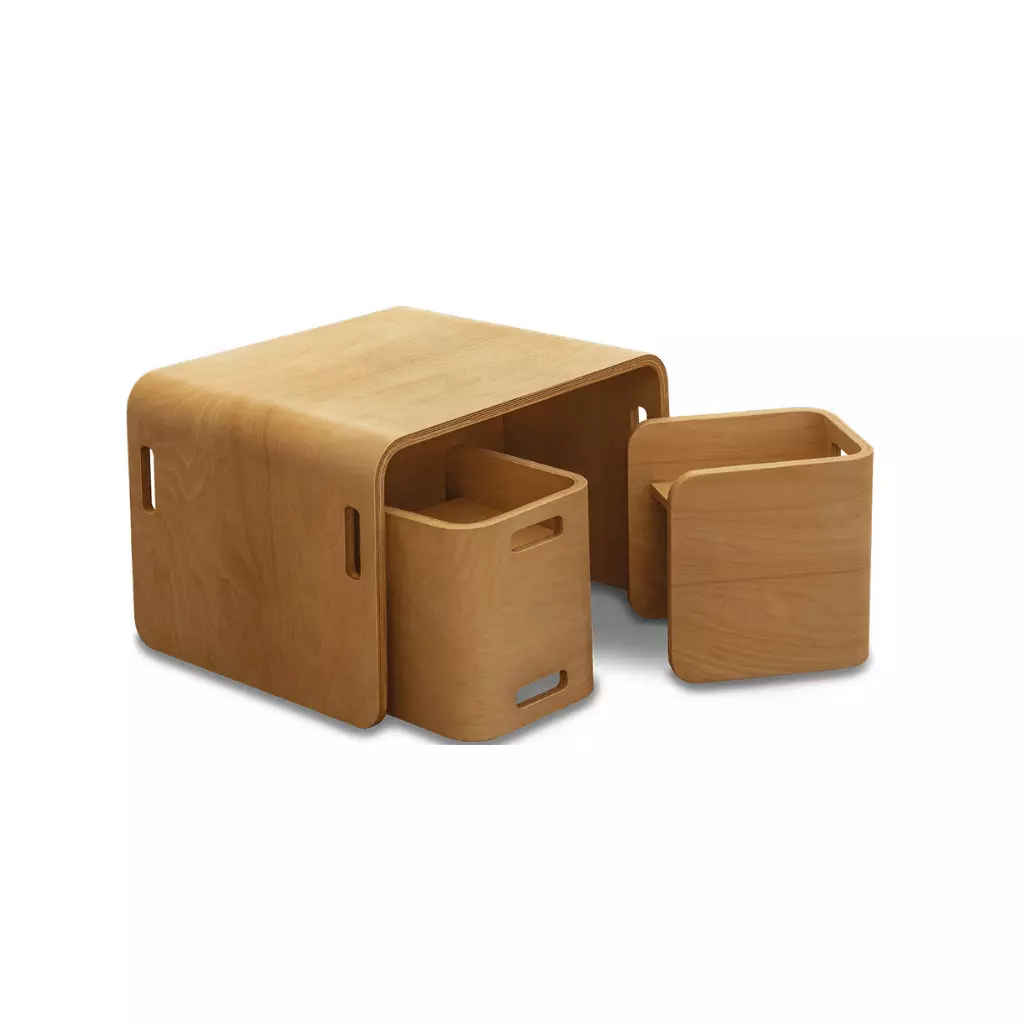 Montessori Cube Table and two chairs nested together for compact storage.