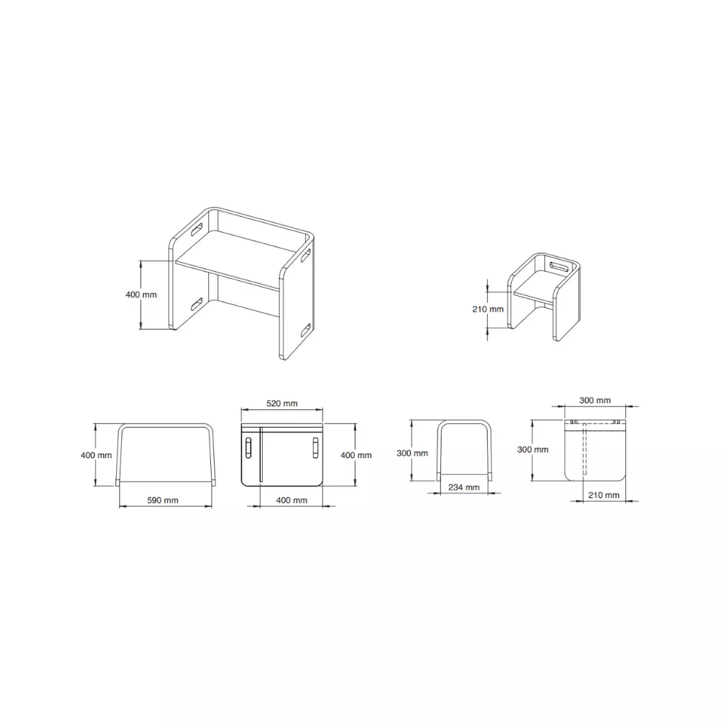 Technical drawing showing precise dimensions of the Ens Kids Flexy Montessori wooden table and chair set.