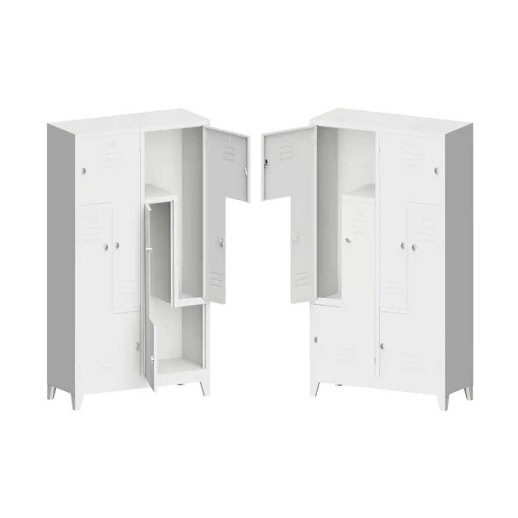 Two views of a white metal locker with various sized compartments and open doors, showing different interior layouts.